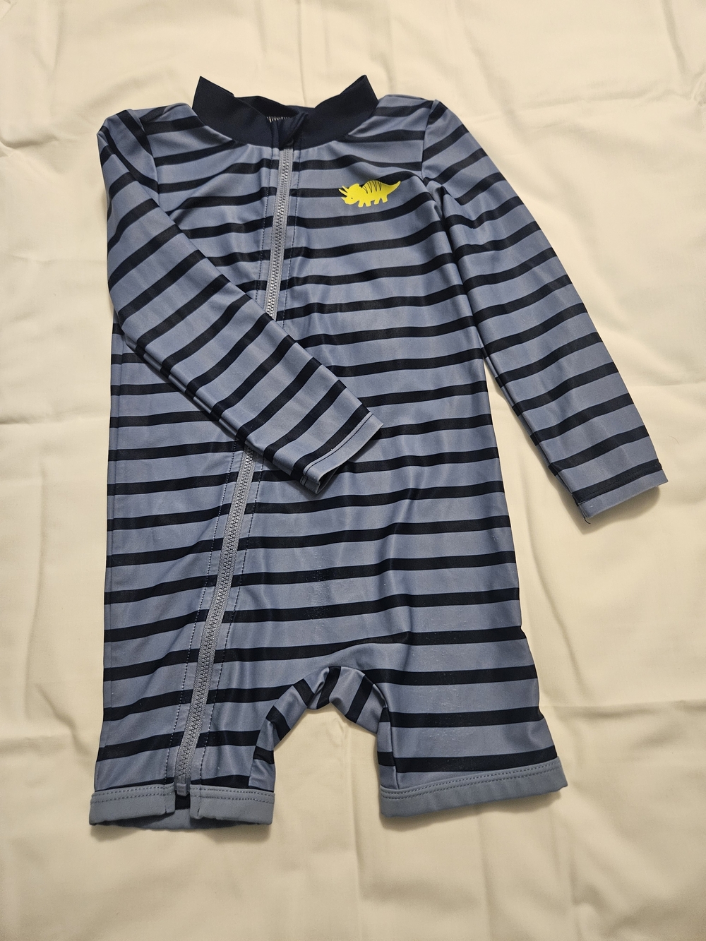 Striped Blue Toddler Rashguard One-Piece Swim with Yellow Fish 3T